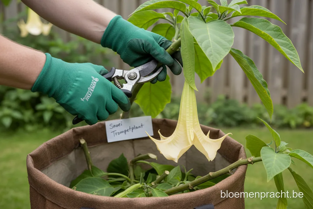 Handen met tuinhandschoenen snoeien een tak van een trompetplant, het snoeisel gaat in een tuinzak.